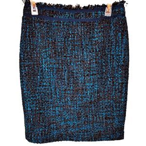 J. McLaughlin Blue Black Tweed Pencil Straight Skirt Ribbon Waist Detail Size 4